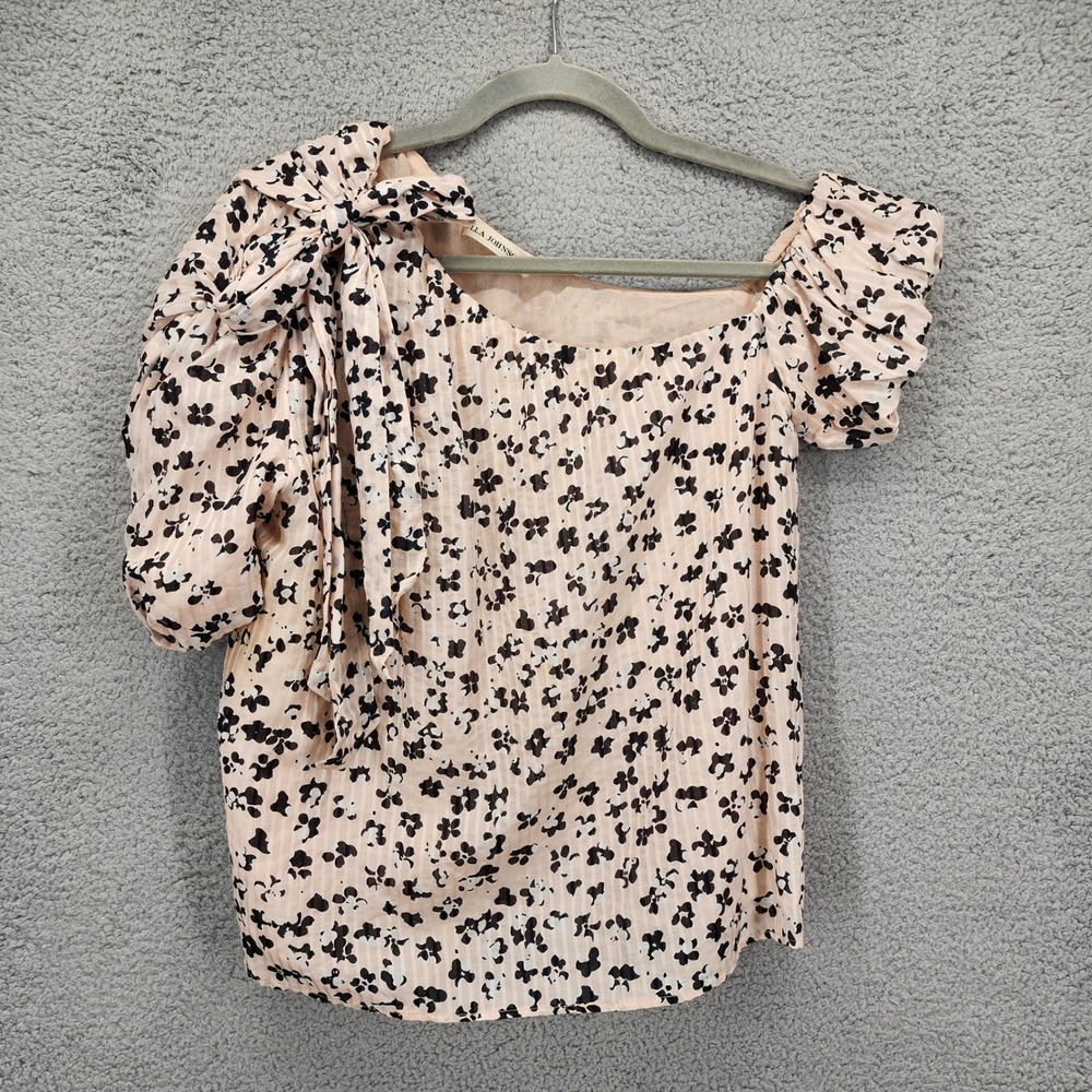 Ulla Johnson One Shoulder Floral Silk Blend Blouse Pink Black Bow Size 4